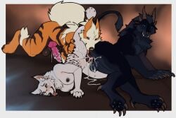 4_horns animal_genitalia animal_penis anthro anthro_on_anthro anthro_penetrated anthro_penetrating anthro_penetrating_anthro arcanine balls black_body blue_eyes blurred_background blush bodily_fluids border breasts brown_background brown_body canid canine canine_genitalia canine_penis claws cum cum_drip cum_from_vagina cum_in_vagina cum_inside cum_on_face cum_on_penis dripping erection eyewear eyewear_only facial_piercing fangs felid female female_anthro female_penetrated fur generation_1_pokemon genital_fluids genitals glasses glasses_only group group_sex hi_res horn jetraraven knot knotted_penis licking licking_cum lion looking_pleasured male male/female male/male male_anthro male_penetrating male_penetrating_female mammal mmf_threesome multi_horn nintendo nipples nose_piercing nose_ring nude nude_anthro nude_female nude_male orange_body pantherine pawpads paws penetration penile penile_penetration penis penis_in_vagina piercing pokemon pokemon_(species) ring_piercing sex simple_background striped_body stripes tan_body tan_fur teeth threesome toe_claws tongue tongue_out trio vaginal_penetration vulva wearing_glasses white_body white_border