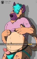 2021 anthro bodily_fluids clothed clothing clothing_lift countershade_crotch countershade_torso countershading dripping english_text erection fur genital_fluids genitals hair hi_res humanoid_genitalia humanoid_penis hyena jockstrap labradorszn looking_at_viewer male male_anthro mammal markings partially_clothed partially_clothed_anthro partially_clothed_male penis pink_penis precum precum_drip shirt shirt_lift slightly_chubby slightly_chubby_anthro slightly_chubby_male snapchat solo spots spotted_body spotted_fur spotted_hyena standing tail tan_body tan_fur teal_eyes teal_hair teeth text topwear underwear vein veiny_penis