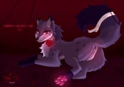 anus astralia_(art) astralia_(character) female feral flower flower_in_mouth fur genitals heart_symbol hi_res holidays inviting looking_at_viewer pawpads paws plant presenting presenting_vulva purple_body purple_fur red_eyes rose_(flower) rose_in_mouth solo valentine's_day vulva white_body white_fur