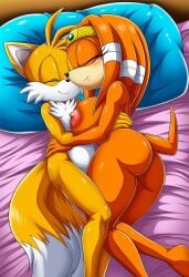 1boy 1girls 2_tails ai_generated big_ass big_breasts big_butt closed_eyes closed_mouth cuddle cuddling fused_arms half-closed_eyes hug hugging in_bed miles_tails_prower on_bed palcomix sega smile sonic_(series) sonic_the_hedgehog_(archie) sonic_the_hedgehog_(comics) sonic_the_hedgehog_(series) tails_the_fox thick_thighs tikal_the_echidna wide_hips