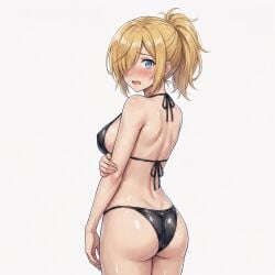 anime ass back_view big_breasts bikini black_bikini blonde_hair blue_eyes blush busty buttocks censored curvy ecchi embarrassed female female_only from_behind hips huge_breasts lollololli long_hair looking_back oiled_skin open_mouth oppai ponytail shiny_skin simple_background solo string_bikini sweaty_skin swimwear thick thighs voluptuous wet_skin white_background