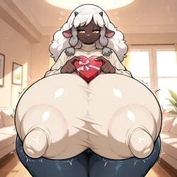 ai_generated furry game_freak hyper hyper_breasts hyper_hips hyper_nipples hyper_thighs karlov_13 nintendo nipple_bulge pokemon pokemon_(species) wooloo