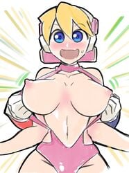 1girls alia android blonde_hair blue_eyes blush breasts breasts_out exposed_breasts flashing_breasts forced_exposure male mega_man mega_man_x navel nipples robojanai robot_girl swimsuit tagme unseen x_(mega_man) zero_(mega_man)