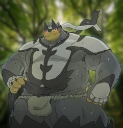 2026 anthro araiguma_11 asian_clothing belly big_belly blush bodily_fluids bulge clothing east_asian_clothing fundoshi generation_8_pokemon japanese_clothing kemono legendary_pokemon male musclegut muscular nintendo outside overweight overweight_male pokemon pokemon_(species) solo standing sweat underwear urshifu