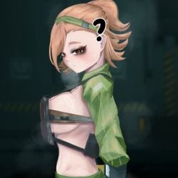 1girls ? bathilde_(girls'_frontline_2) big_breasts blush breast_press breastplate breasts brown_eyes closed_mouth female female_only frown girls'_frontline girls'_frontline_2:_exilium hairband large_breasts looking_at_viewer mole mole_under_eye ohohoh orange_hair question_mark short_hair shrug_(clothing) side_view sideboob steam steaming_body sweat sweatdrop upper_body