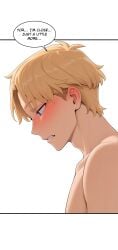 1boy ai_generated bangs blonde_hair blue_eyes blush english_text from_side juliatitusart male_focus manhwa nude parted_lips profile short_hair simple_background solo speech_bubble teeth upper_body white_background