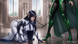ai_generated animated big_breasts black_hair brunhilde_(shuumatsu_no_valkyrie) collar dominant_female height_difference hela hela_(marvel) hela_(marvel_rivals) jabbaman58 kissing leash_and_collar leash_pull on_all_fours palace submissive tongue_kiss tongue_out valkyrie woman_only yuri