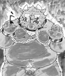 2021 anthro balls belly bodily_fluids bovid bovine cattle chained chains crying flaccid furry genitals hi_res humanoid_genitalia humanoid_hands humanoid_penis japanese_text kemono male mammal moobs navel overweight overweight_anthro overweight_male penis pubes small_penis solo suishou0602 tears text