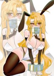 artist_request big_breasts blonde_hair bunny_ears bunnysuit chained_neck chained_wrists curvy_female hip_windows legs_together limbus_company long_hair project_moon sancho_(limbus_company) thick_thighs thighhighs wide_hips
