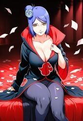 1girls ai_generated akatsuki_(naruto) big_breasts blue_hair breasts cleavage cloak coat curvaceous exposed_breasts female flower flower_in_hair hair_ornament konan legs_together light-skinned_female light_skin long_hair looking_at_viewer mature mature_female midriff naruto naruto_(series) naruto_shippuden nipples no_bra off_shoulder oppai orange_eyes paipan pants pinup presenting presenting_breasts robin9lives rose_(flower) shiny shiny_hair shiny_skin sitting_on_bed slim_waist smile sweat taking_clothes_off topless underwear undressing undressing_self upper_body voluptuous wide_hips