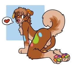 2025 anthro ass balls brown_body brown_eyes brown_fur canid canine canis countershade_torso countershading curled_tail domestic_dog full-length_portrait fur genitals heart_symbol hi_res humanoid_genitalia humanoid_penis looking_at_viewer male mammal nonbinary_(lore) one_eye_closed pawpads penis portrait presenting presenting_hindquarters raised_tail silverzar smile smiling_at_viewer smudge_(solarolai) solo speech_bubble tail wink