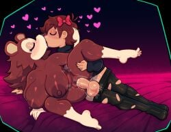 animal_crossing anthro areola balls big_areola big_breasts big_nipples black_nails black_nose blush blush_lines breasts brown_areola brown_body brown_fur brown_hair brown_nipples closed_eyes colored_nails dark_nipples duo eulipotyphlan eyelashes female freckled_face freckles fur genitals hair heart_symbol hedgehog hi_res huge_areolae huge_breasts huge_nipples human kissing lying male male/female mammal nails navel nintendo nipples nude on_side penetration penis sable_able sex short_hair somescrub tan_body tan_fur tan_skin thick_thighs vaginal_penetration wide_hips