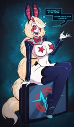 blonde_hair bunny_ears bunnysuit charlie_morningstar_(hazbin_hotel) english_dialogue hazbin_hotel hypnosis hypnotic_eyes pale_skin revealing_clothes smile speech_bubble tagme thighhighs vox_(hazbin_hotel) wrenzephyr2