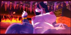 2:1 anthro areola big_breasts blue_body blue_fur blue_hair bodily_fluids breasts canid canine digital_media_(artwork) female fire fox fur genital_fluids genitals hair hi_res krystal_(star_fox) lefemdoc mammal moon nintendo nipples nude penis star_fox tail text tongue vulva white_body white_fur