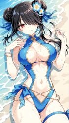 1female 1girl 1girls beach belly_button black_hair blue_nails bracelet chun-li date_a_live ear_piercing earrings eyes female_focus female_only flower flower_in_hair heterochromia hips ribbon ribbon_in_hair swimsuit thicc thick_ass tight_clothing tokisaki_kurumi