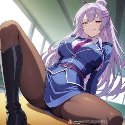 ai_generated boots breast_pockets breasts clothing female female_focus formal frolaytia_capistrano hair_pin heavy_object high_heels high_heels_boots huge_breasts long_hair military military_uniform necktie pantyhose purple_eyes seductive seductive_look seductive_pose smile suit thighs uniform