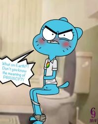 angry anthro bathroom bottomwear bottomwear_down cartoon_network clothed clothing dialogue domestic_cat embarrassed felid feline felis female genitals mammal mature_female nicole_watterson panties panties_down partially_clothed pubes scat skirt_down solo the_amazing_world_of_gumball thedispenser69 toilet toilet_use underwear underwear_down vulva walk-in yelling