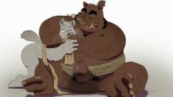 2026 anthro asian_clothing balls black_nose bodily_fluids brown_body canid canine canis censored clothing domestic_dog duo east_asian_clothing erection eto1212 feet fundoshi genitals grey_body hi_res japanese_clothing kemono male male/male mammal musk overweight overweight_male penis sitting sniffing suid suine sus_(pig) sweat underwear wild_boar