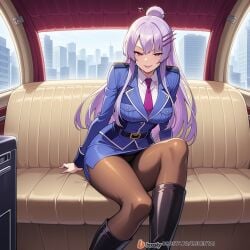 ai_generated boots breast_pockets breasts clothing crossed_legs female female_focus formal frolaytia_capistrano hair_pin heavy_object high_heels high_heels_boots huge_breasts legs limousine long_hair lying military military_uniform necktie on pantyhose purple_eyes seductive seductive_look seductive_pose sitting smile sofa suit thighs uniform