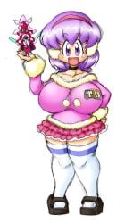 alternate_breast_size blush choker danball_senki earmuffs erect_nipples erect_nipples_under_clothes female huge_breasts kawamura_ami open_mouth panties purple_eyes purple_hair short_purple_hair skirt tamori_hataru thick_thighs thighhighs underwear wide_hips