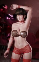 1girls alternate_version_available armpits arms_up balloon belly_button blue_eyes breasts brown_hair chocolate chocolate_on_breasts couch curvy darts77 dead_or_alive front_view heart heart_balloon hitomi_(doa) lacy_panties lingerie lingerie_panties lolipop midriff panties pussy pussy_visible_through_panties seductive smile solo sprinkles thighhighs thighs vagina valentine's_day