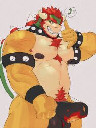 1boy abs absurdres arm_hair armlet armpit_hair ass bara bark_man1 beard belly biceps black_male_underwear bowser bracelet bulge chest_hair claws clenched_teeth commentary covered_testicles english_commentary erection erection_under_clothes facial_hair fangs furry furry_male highres horns jewelry looking_at_viewer male_focus male_pubic_hair male_underwear mario_(series) muscular muscular_male navel nipples pectorals penis pubic_hair red_hair shaka_sign speech_bubble spiked_armlet spiked_bracelet spiked_shell spikes spoken_object sweatdrop teeth topless_male underwear