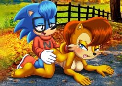 1boy 1girls 5_toes anthro ass barefoot bbmbbf blush breasts completely_naked completely_nude doggy_style feet female glasses humanoid_feet male male/female mobian mobian_(species) mobius_unleashed nicky_the_hedgehog nude open_mouth palcomix sally_acorn sega soles sonic_(series) sonic_the_hedgehog_(series) toes tongue