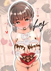 absurdres black_hair blush box box_of_chocolates braid braided_bun breasts brown_eyes chocolate chocolate_on_body commentary_request cream_on_body female food_in_mouth food_on_body furaggu_(frag_0416) hair_bun hair_ornament hairclip heart heart-shaped_pupils highres kantai_collection long_hair looking_at_viewer myoukou_(kancolle) nude nyotaimori pubic_hair single_hair_bun smile solo symbol-shaped_pupils valentine