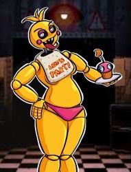 animatronic_female anthro chicken clothed cupcake_(fnaf) derekonline heart-shaped_pupils looking_at_viewer thick_thighs tounge_out toy_chica_(fnaf)