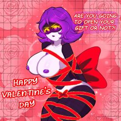 1girls bow breasts female_focus female_only moueth_17 murder_drones purple_breasts purple_eyes purple_hair red_tape rose_(flower) uzi_(murder_drones) valentine's_day yellow_eyes