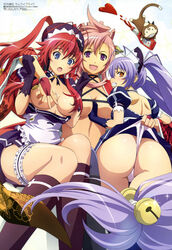 absurd_res amber_eyes ass between_breasts big_ass blue_eyes blue_hair blush breasts clenched_teeth embarrassed garter gloves hyakka_ryouran_samurai_girls ketchup large_breasts long_hair maeda_keiji maid miniskirt monkey naoe_kanetsugu_(hyakka_ryouran) official_art panties pink_hair purple_eyes red_hair rin-sin skirt thigh_gap thighs twintails wedgie yagyuu_juubei_(hyakka_ryouran) yuri