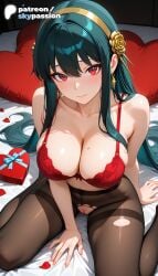 1girls 2026 ai_assisted ai_generated anime artist_name big_breasts blush breasts bust busty collarbone earrings explicit flower gift gift_box hair_ornament hi_res high_quality high_resolution highres large_breasts long_hair pantyhose patreon patreon_username petals pillow red_eyes rose sitting skypassion spy_x_family stable_diffusion thighband_pantyhose torn_clothes torn_legwear watermark yor_briar yor_forger