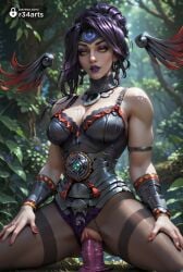 1girls ai_generated bare_shoulders black_hair black_pantyhose breasts cleavage clothing_aside dildo dildo_in_pussy dildo_insertion earrings eyeshadow female hades_(game) hades_2 hi_res jewelry large_breasts leotard leotard_aside lipstick looking_at_viewer makeup nail_polish nature nemesis_(hades) outdoors pantyhose purple_hair purple_lips pussy pussy_juice r34arts red_nails sex_toy solo spread_legs thighband_pantyhose torn_clothes torn_pantyhose uncensored vaginal_insertion vaginal_masturbation vaginal_object_insertion vaginal_penetration wings yellow_eyes