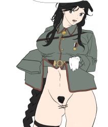 1girls asaripan bar_censor black_hair bottomless braid censor_bar censored clothes_lift clothing feet_out_of_frame female female_only flat_colors general_liu_(girls'_frontline) girls'_frontline gloves grey_eyes groin hat long_hair military_uniform mole mole_under_eye navel open_mouth pubic_hair pussy