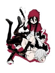 1boy1girl 1girls akazukin_(tokyo_akazukin) astarte_(tokyo_akazukin) big_bad_wolf black_hair boots braid clothing cocktail cum demon demon_boy female grimm's_fairy_tales holding_another's_tail hood little_red_riding_hood little_red_riding_hood_(character) little_red_riding_hood_(grimm) luca_(tokyo_akazukin) monster monsters penis public_domain tail tail_grab tamaoki_benkyou tokyo_akazukin twin_braids wink