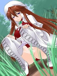 blue_eyes boots brown_hair hat long_hair pointy_chin shinama solo squat squatting summon_night summon_night_3 thigh_boots thighhighs uncensored