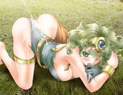 after_sex ass barefoot bent_over blush breasts cleavage clothing cum curly_hair dragon_quest dragon_quest_iv female gloves green_eyes green_hair heroine_(dq4) human kotoji medium_breasts no_panties short_hair thighs torn_clothes uncensored