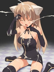 animal_ears blonde_hair blush brown_hair bukkake cat_ears closed_eyes cum cum_on_hair cute elbow_gloves gloves long_hair nora_higuma onnanoko_suwari panties thighhighs underwear