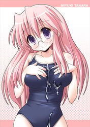 breasts cum female female_only glasses hair human large_breasts long_hair lucky_star miyuki_takara one-piece_swimsuit pink_hair purple_eyes school_swimsuit shinshin solo swimsuit