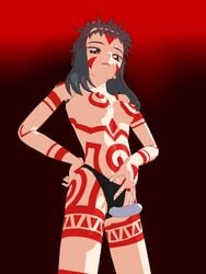 1girls 3d :p black_background black_hair bodypaint breasts brown_eyes dildo erect_nipples female from_below gradient_background hand_on_hip headband long_hair neo_ranga presenting_strap-on red_background solo strap-on tongue topless yuuhi_shimabara