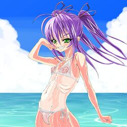 bikini cloud clouds demonbane flat_chest green_eyes huge_nipples inagaki naughty_face nipples ocean puffy_nipples purple_hair ribs sea see-through side-tie_bikini skinny sky swimsuit tan tanline thin tied_hair twintails water wet