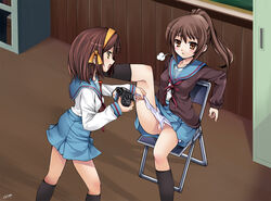 brown_hair camera cardigan female female_only hairband human kyonko multiple_females multiple_girls panties panty_pull ponytail pussy rule_63 school_uniform serafuku sigh sitting suzumiya_haruhi suzumiya_haruhi_no_yuuutsu tied_hair tomusooya underwear yuri