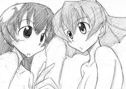 artist_request grafite_(medium) handjob himuro_fuu lowres monochrome multiple_girls nude penis sketch sketchbook_full_colors tanabe_ryou traditional_media