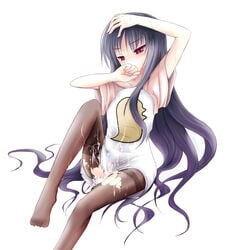 after_sex ar_tonelico ar_tonelico_2 ar_tonelico_ii black_hair clothing cum cum_pool gust highres jakuri long_hair mir pantyhose purple_eyes raglan_sleeves solo torn_clothes torn_pantyhose