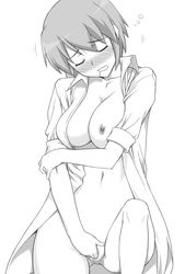 1girls breasts dress_shirt erect_nipples female kotonomiya_yuki masturbation monochrome naked_shirt nipples nude open_clothes open_shirt pussy_juice saliva shichimenchou shirt short_hair sleeves_rolled_up solo suigetsu uncensored