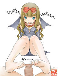 barefoot bat_wings blue_eyes blush brown_hair censored cfnm clothed_female_nude_male copyright_request elbow_gloves feet footjob foreskin foreskin_pull gloves long_hair penis pov sekihan toes tongue wings