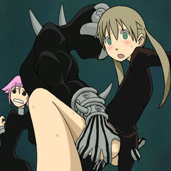 androgynous ass_grab blonde_hair blush cl-55 clothing crona_(soul_eater) green_eyes lowres maka_albarn no_panties open_mouth pussy ragnarok_(demon_sword) sex soul_eater tied_hair twintails vaginal_penetration