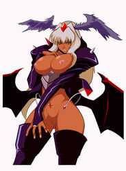 angel_blade angel_wings bat_wings big_breasts breasts bridal_gauntlets censored cropped_legs curvy dark-skinned_female dark_skin green_eyes highres huge_breasts lipstick long_hair makeup masami_obari monster_girl nailkaiser navel_piercing no_panties official_art piercing plump pussy shampooneko smile solo thick_thighs thighhighs very_long_hair white_hair wide_hips wings