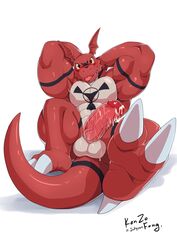 2019 absurd_res anthro balls big_muscles bodily_fluids claws cum digimon digimon_(species) erection front_view genital_fluids guilmon hi_res humanoid_penis kenzo. kenzofong male male_only muscular muscular_male nude penis scalie simple_background smile solo teeth white_background