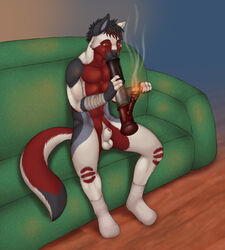 2012 abs anthro black_hair canine chokodonkey furry hair heterochromia hi_res male_only nude sheath smoking socks